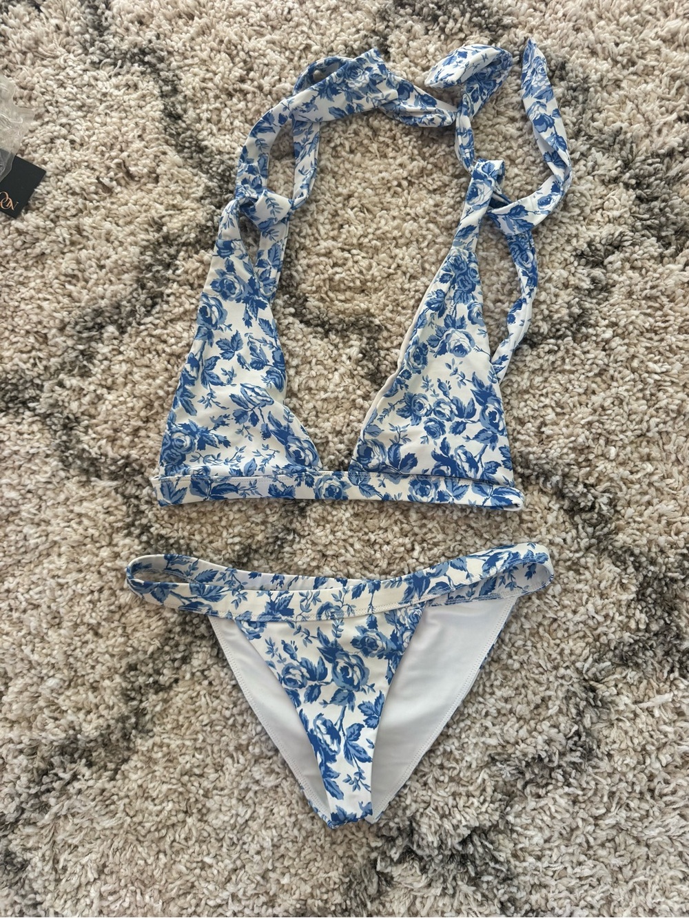 Lovers + Friends White Bikini Bottoms with Blue Floral Trim